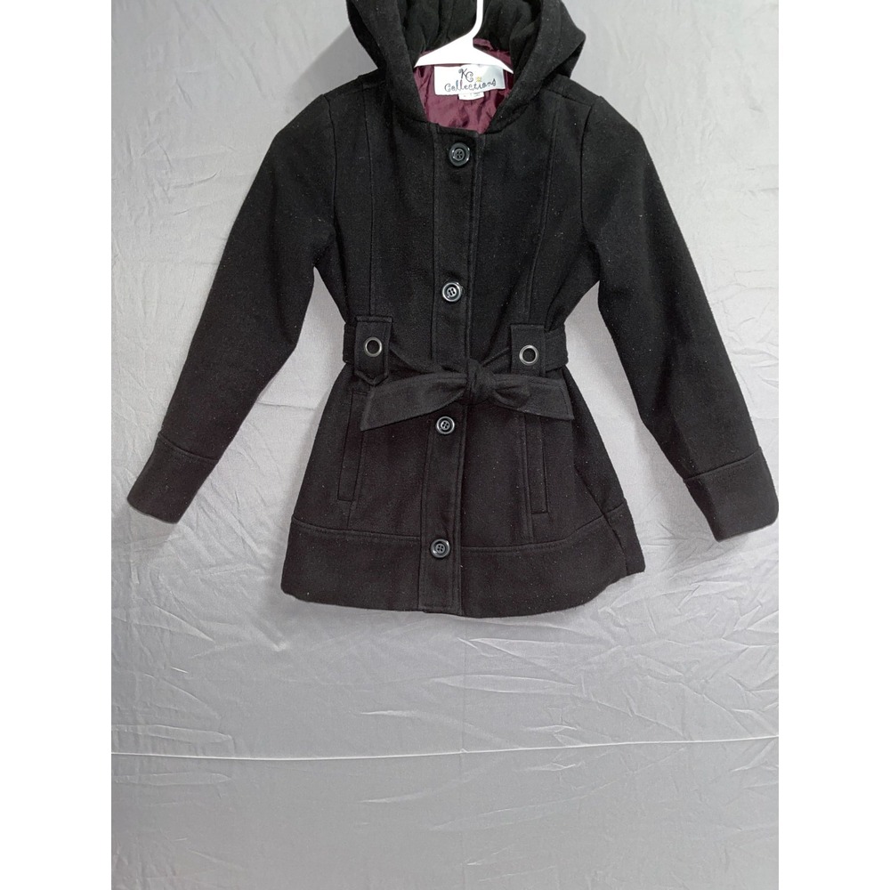 KC Collection Coat Womens 8 Black‎ Quilted Lined Belted Hooded Button Front